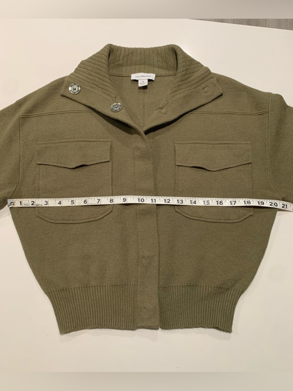 Calligraphie Anthropologie Knit Sweater Bomber Utility Jacket, Olive Green, XS - Picture 8 of 11